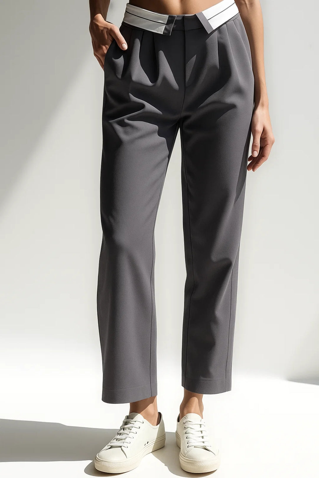 Eleganckie spodnie cropped | Kontrastowy detal w pasie | Prosty krój