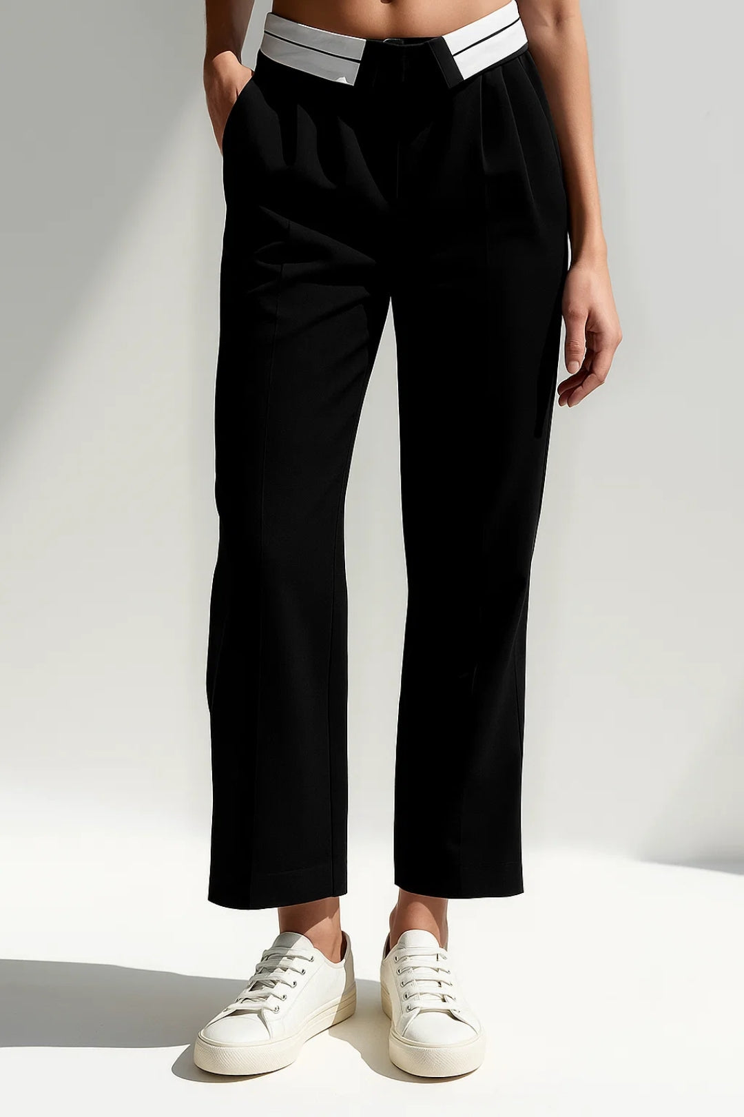 Eleganckie spodnie cropped | Kontrastowy detal w pasie | Prosty krój
