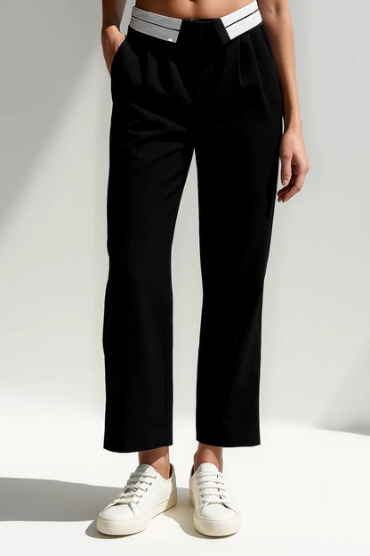Eleganckie spodnie cropped | Kontrastowy detal w pasie | Prosty krój