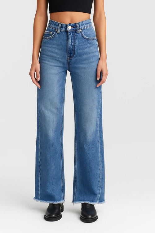 Flared jeans met rafelige zoom | Hoge taille | Intens donkerblauw denim