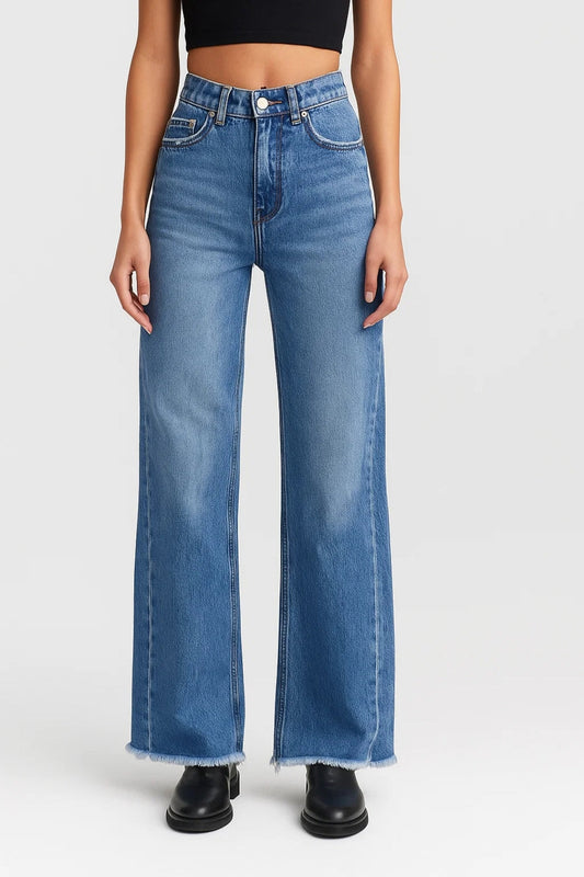 Flared jeans met rafelige zoom | Hoge taille | Intens donkerblauw denim