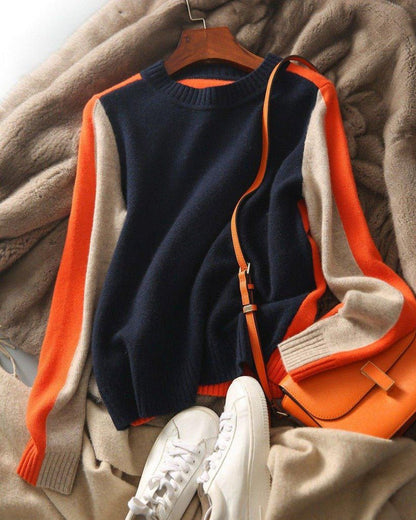 Vera - granatowo-pomarańczowy sweter z paskami retro