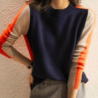 Vera - granatowo-pomarańczowy sweter z paskami retro