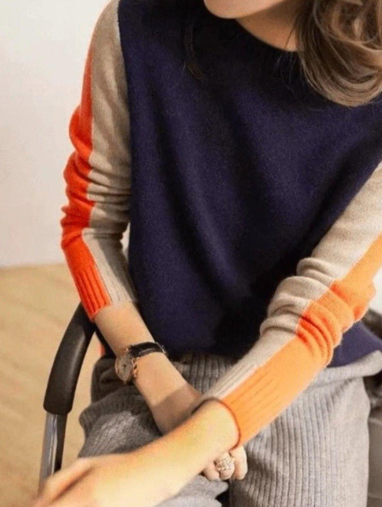Vera - granatowo-pomarańczowy sweter z paskami retro