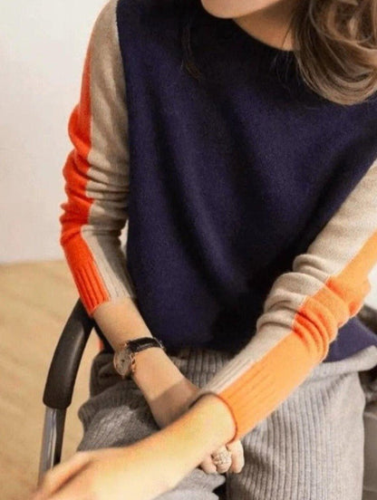 Vera - granatowo-pomarańczowy sweter z paskami retro