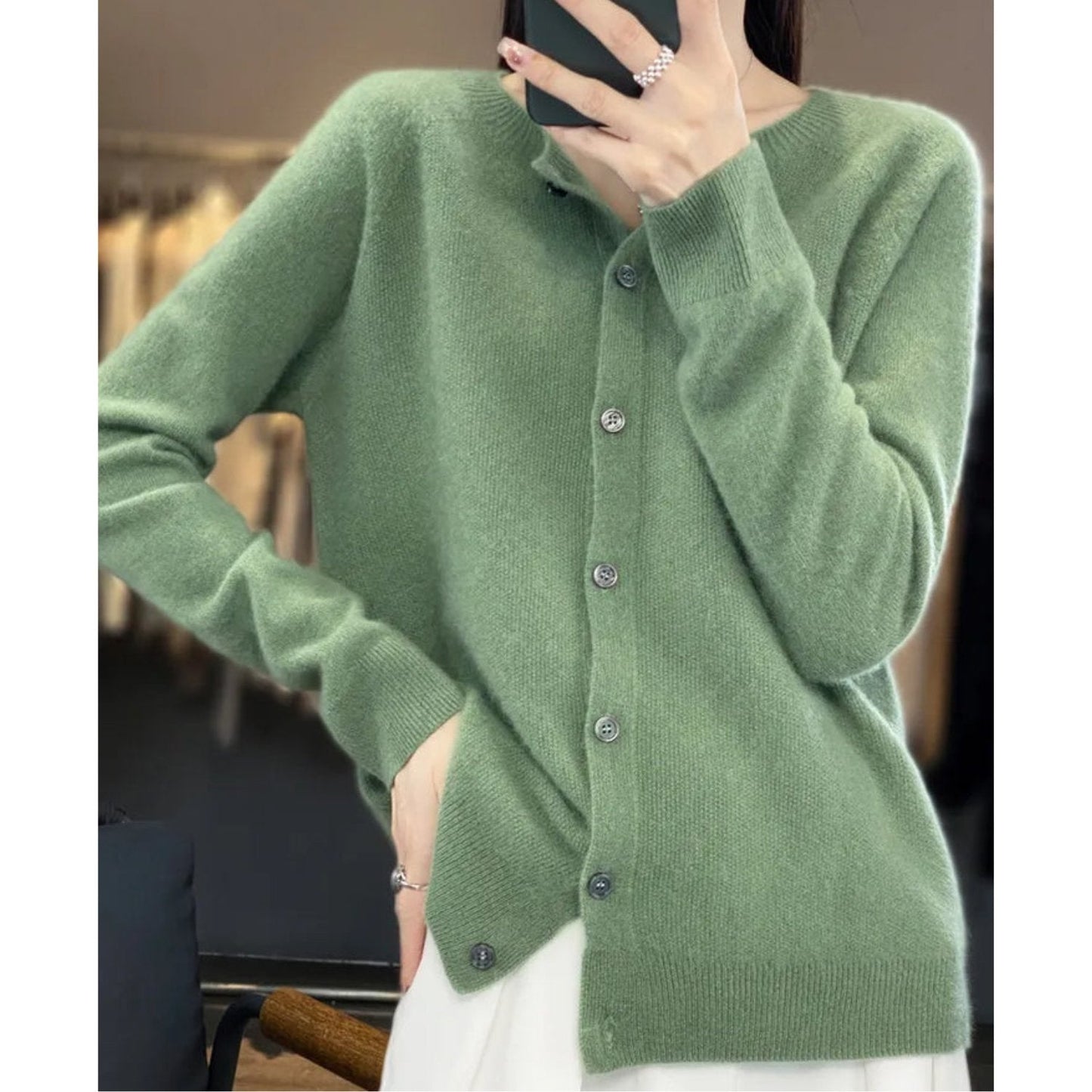 Sweter kardigan damski z czystej wełny z okrągłym dekoltem